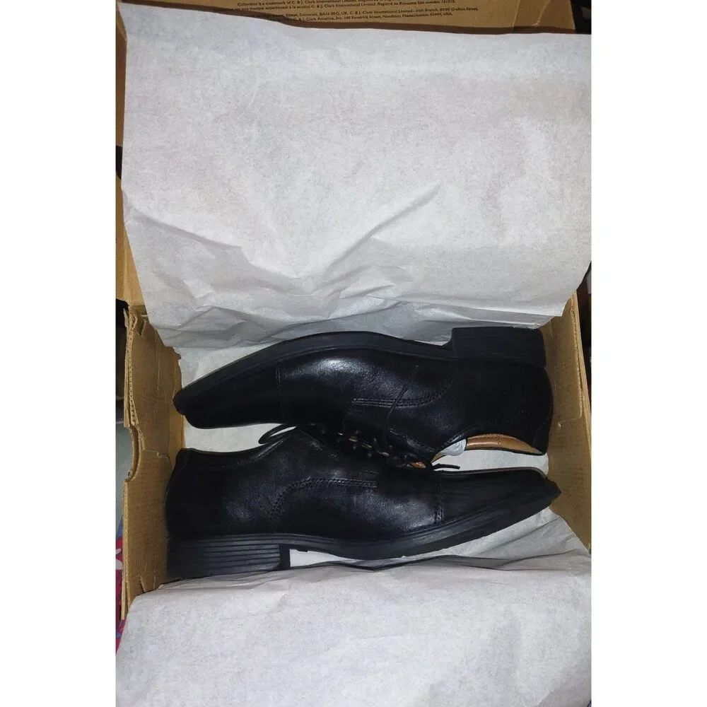 Clarks Men's Size 9 Black Leather Oxford Tilden Cap Orthopedic Moisture Wicking